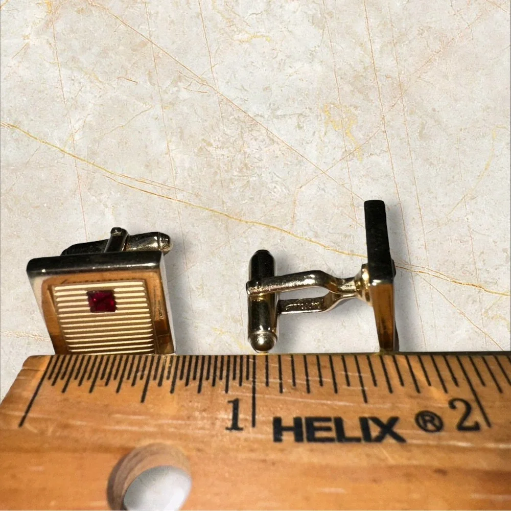 Vintage Anson Gold Tone and Red‎ Stone Square Textured Cuff Links
